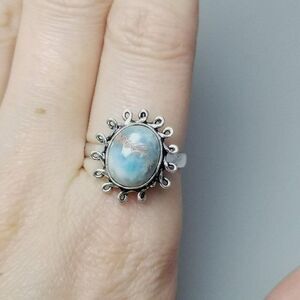 Vintage Blue Cabochon Stone Ring, Silver Tone Bezel Set Size 7.5 Band, Estate